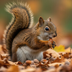 Fototapeta premium Adorable Red Squirrel Enjoying an Acorn Amidst Autumn Leaves A Stunning Wildlife Photograph