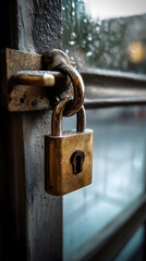 A detailed shot of an old, brass padlock, securing a door in the rain, in a close-up view.