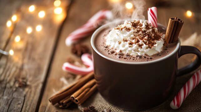 Holiday Hot Chocolate Delight steaming mug of rich hot chocolate with whipped cream cinnamon sticks and candy canes cozy winter setting soft glowing fairy lights in the background