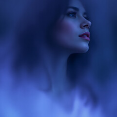 Fototapeta premium Blue Dreamscape: Moody Portrait in Ethereal Blue Light 
