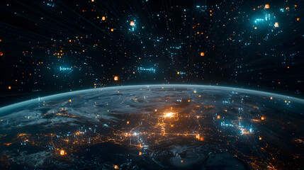 Obraz premium Digital Representation Of Earth At Night With Glowing Lights And Data Network
