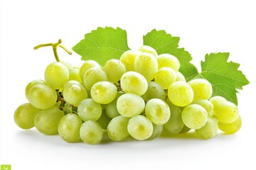 Cluster of green grapes with leaves isolated on white background