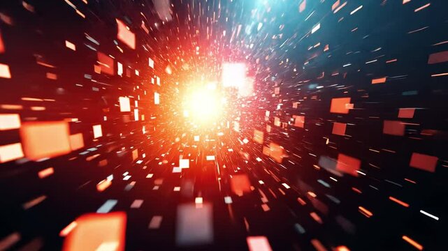 Dynamic explosion of light and color showcases vibrant particles and squares in motion, creating abstract sense of depth and energy in cosmic display.