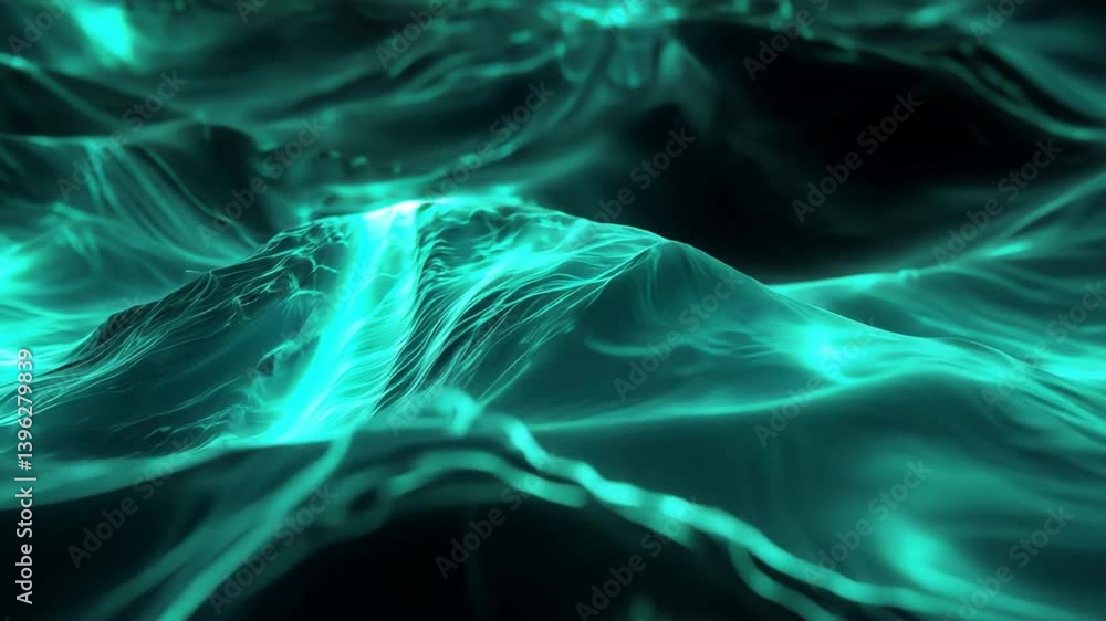 Poster mesmerizing abstract waves fluid motion in vibrant teal textures, evoking calm and tranquility throu