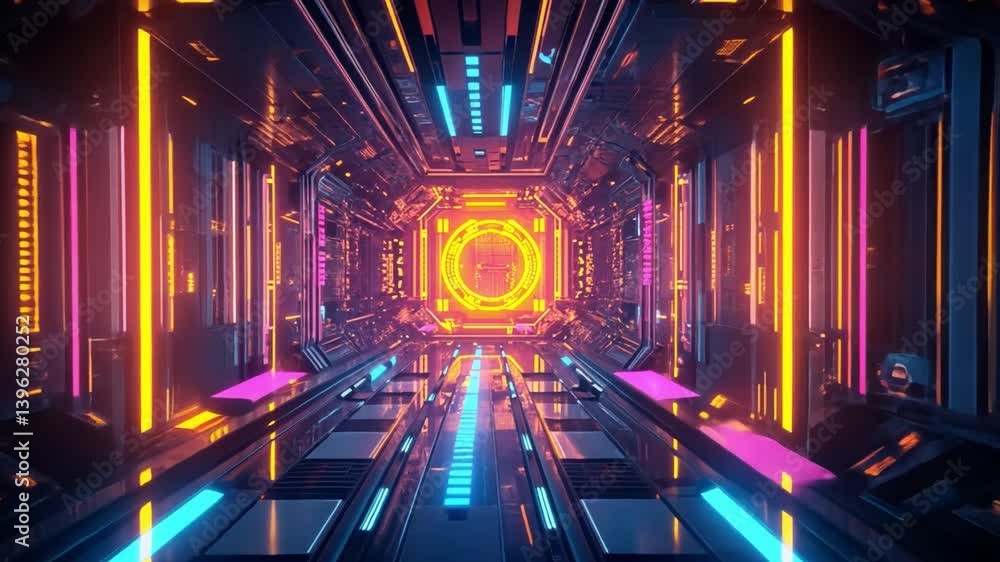 Poster Futuristic Corridor High Tech Design with Colorful Neon Lights, Illuminating Depth and Creating Sci Fi Atmosphere of Adventure and Wonder.