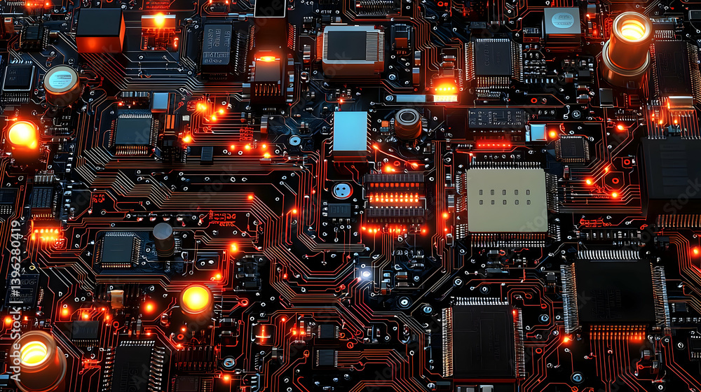 Poster Complex Circuit Board With Glowing Components