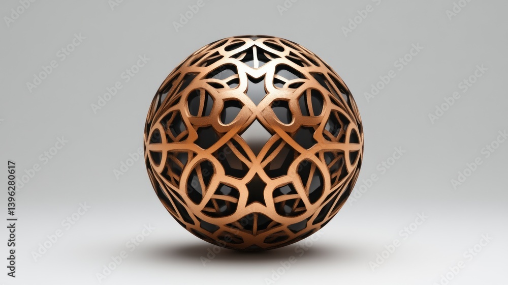 Poster intricate coppercolored spherical sculpture with geometric patterns and openwork design for ar