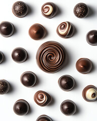 Fototapeta premium Assorted chocolate candies arranged artistically on white background, showcasing rich textures and flavors.