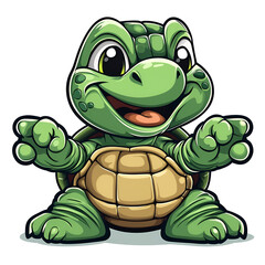 Fototapeta premium Playful Cartoon Turtle Character Smiling and Waving with Green Shell and Friendly Expression Against a Transparent Background