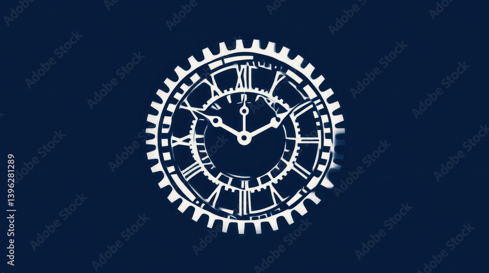 Poster mechanical clock design with gears and roman numerals on dark background