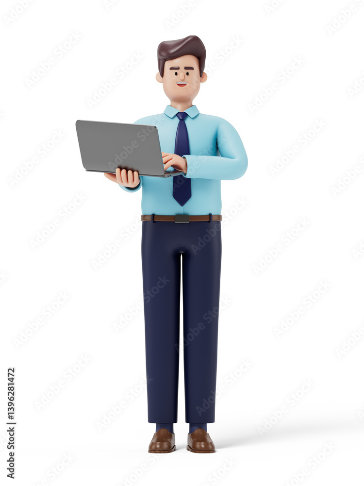 Poster A man holds a laptop with a blank screen in front of him, symbolizing the readiness to work, present, or share digital content. 3D rendering, conceptual image. Isolated on white background.