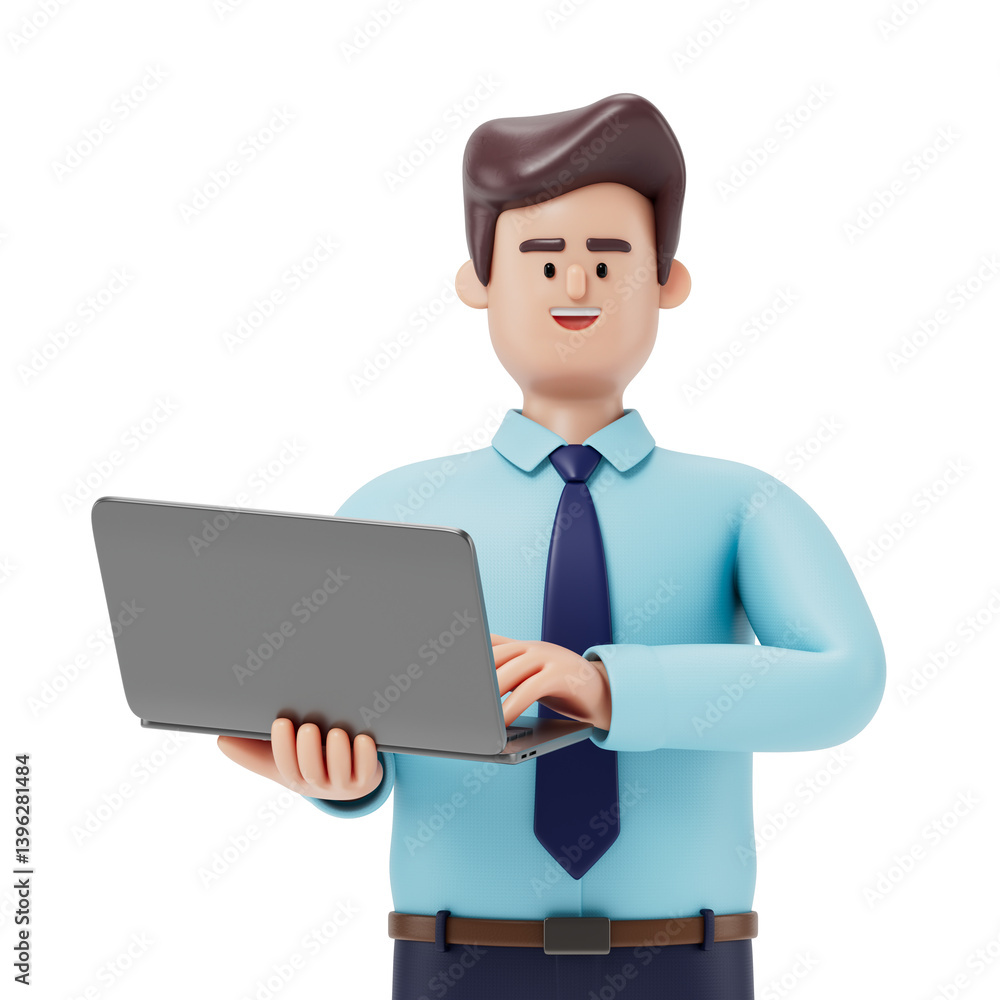 Poster a man holds a laptop with a blank screen in front of him, symbolizing the readiness to work, present
