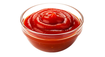 A clear glass bowl filled with a generous serving of bright red ketchup on a black background space