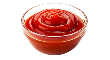 A clear glass bowl filled with a generous serving of bright red ketchup on a black background space