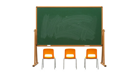 A classroom scene featuring a green chalkboard and three orange chairs against a black background © vision code