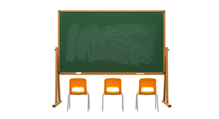 A classroom scene featuring a green chalkboard and three orange chairs against a black background