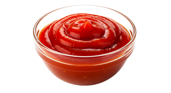 A clear glass bowl filled with a generous serving of bright red ketchup on a black background space