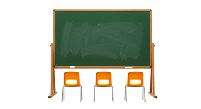 A classroom scene featuring a green chalkboard and three orange chairs against a black background
