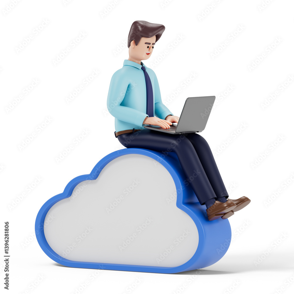 Poster a man sits on a stylized cloud while working on a laptop, symbolizing the concept of cloud or the di