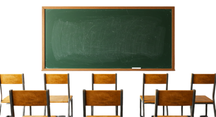 A classroom scene featuring a green chalkboard and rows of empty wooden chairs in the foreground
