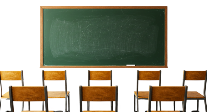A classroom scene featuring a green chalkboard and rows of empty wooden chairs in the foreground