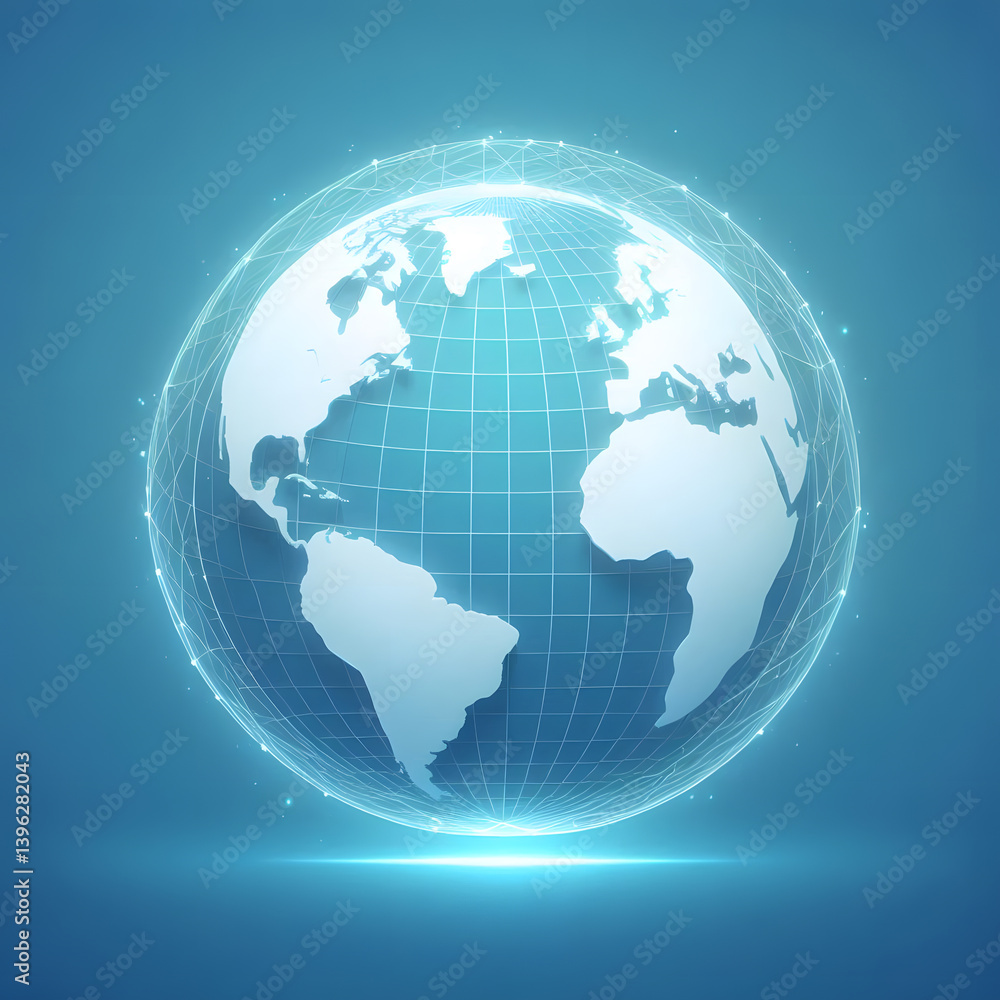 Poster glowing digital earth with continents and a network grid against a blue background. generative ai.