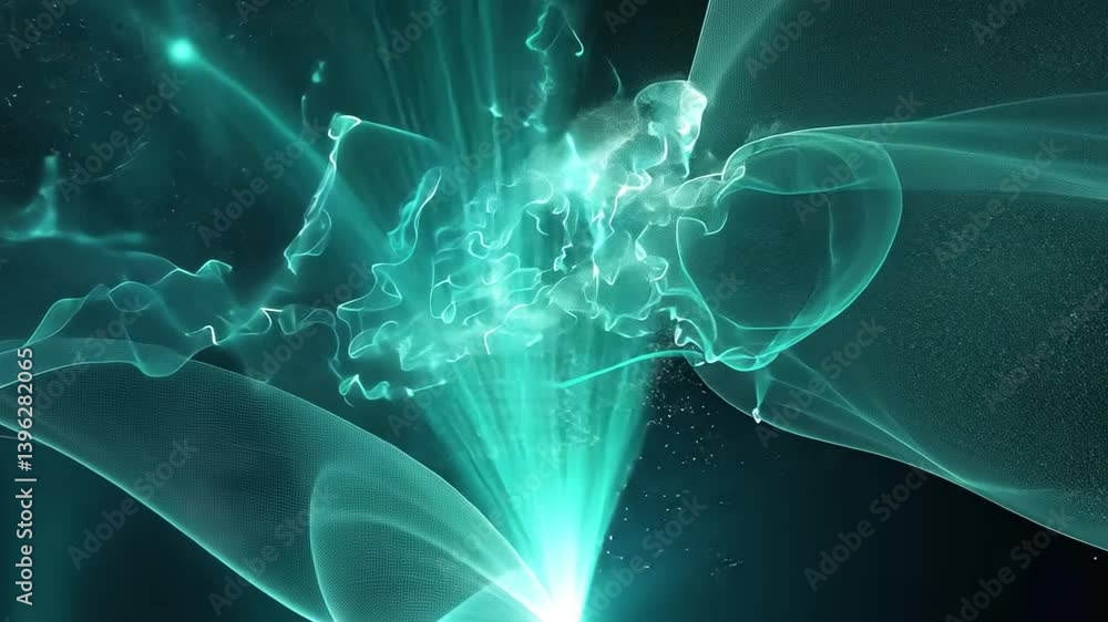 Poster mesmerizing abstract digital background with turquoise waves and luminous particles, ethereal design