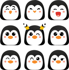 Cute and Silhouette Penguin Vector Set – Cartoon Baby Penguins in Various Poses and Black and White Icons for Kids, Winter, and Wildlife Design.