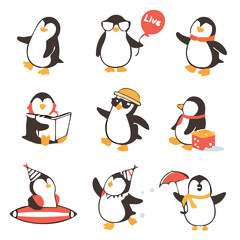 Cute Cartoon Penguins in Winter and Holiday Outfits with Gifts, Balloons, and Festive Accessories – Christmas and New Year Animal Clipart Collection.