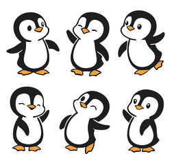 Cute and Silhouette Penguin Vector Set – Cartoon Baby Penguins in Various Poses and Black and White Icons for Kids, Winter, and Wildlife Design.