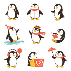 Cute Cartoon Penguins in Winter and Holiday Outfits with Gifts, Balloons, and Festive Accessories – Christmas and New Year Animal Clipart Collection.