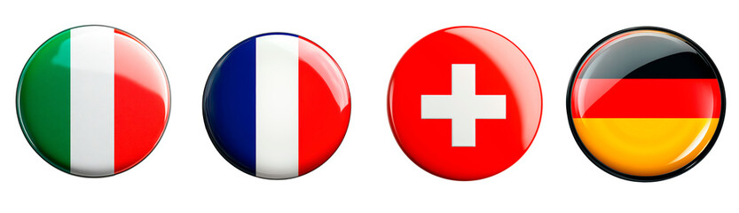 Obraz premium European country flags buttons Italy, France, Switzerland, Germany isolated on transparent background