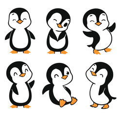 Cute and Silhouette Penguin Vector Set – Cartoon Baby Penguins in Various Poses and Black and White Icons for Kids, Winter, and Wildlife Design.