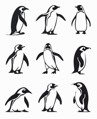 Obraz premium Cute and Silhouette Penguin Vector Set – Cartoon Baby Penguins in Various Poses and Black and White Icons for Kids, Winter, and Wildlife Design.