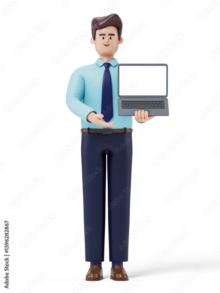 Poster a man stands holding a laptop with a blank screen, symbolizing the presentation of information or th