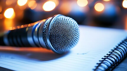 Close-up of a microphone positioned beside an open notebook on a wooden surface, with a soft focus background showcasing warm bokeh lights for a creative and inspirational atmosphere