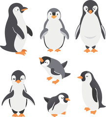 Cute and Silhouette Penguin Vector Set – Cartoon Baby Penguins in Various Poses and Black and White Icons for Kids, Winter, and Wildlife Design.