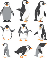 Cute and Silhouette Penguin Vector Set – Cartoon Baby Penguins in Various Poses and Black and White Icons for Kids, Winter, and Wildlife Design.