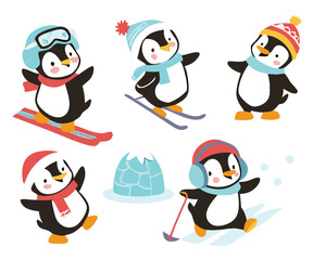 Cute Cartoon Penguins in Winter and Holiday Outfits with Gifts, Balloons, and Festive Accessories – Christmas and New Year Animal Clipart Collection.