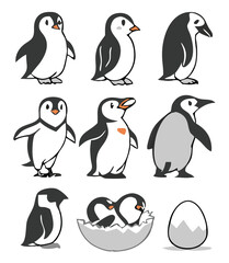 Cute and Silhouette Penguin Vector Set – Cartoon Baby Penguins in Various Poses and Black and White Icons for Kids, Winter, and Wildlife Design.