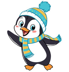 Cute Cartoon Penguins in Winter and Holiday Outfits with Gifts, Balloons, and Festive Accessories – Christmas and New Year Animal Clipart Collection.