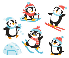 Cute Cartoon Penguins in Winter and Holiday Outfits with Gifts, Balloons, and Festive Accessories – Christmas and New Year Animal Clipart Collection.