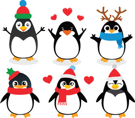 Cute Cartoon Penguins in Winter and Holiday Outfits with Gifts, Balloons, and Festive Accessories – Christmas and New Year Animal Clipart Collection.