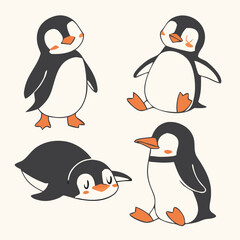 Cute and Silhouette Penguin Vector Set – Cartoon Baby Penguins in Various Poses and Black and White Icons for Kids, Winter, and Wildlife Design.