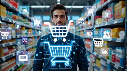 Future of Shopping: Man in Supermarket with Digital Shopping Cart Overlay - Powered by Adobe