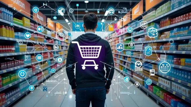 Futuristic Smart Supermarket: Man Shopping with Digital Overlay