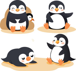 Cute and Silhouette Penguin Vector Set – Cartoon Baby Penguins in Various Poses and Black and White Icons for Kids, Winter, and Wildlife Design.