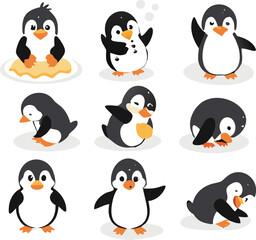 Cute and Silhouette Penguin Vector Set – Cartoon Baby Penguins in Various Poses and Black and White Icons for Kids, Winter, and Wildlife Design.