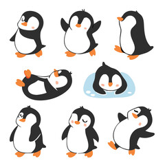 Cute and Silhouette Penguin Vector Set – Cartoon Baby Penguins in Various Poses and Black and White Icons for Kids, Winter, and Wildlife Design.