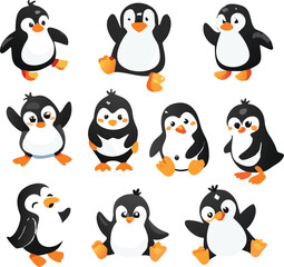 Cute and Silhouette Penguin Vector Set – Cartoon Baby Penguins in Various Poses and Black and White Icons for Kids, Winter, and Wildlife Design.